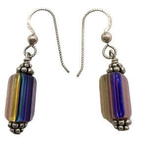 Rainbow geometric dangle drop earrings on silver tone hook